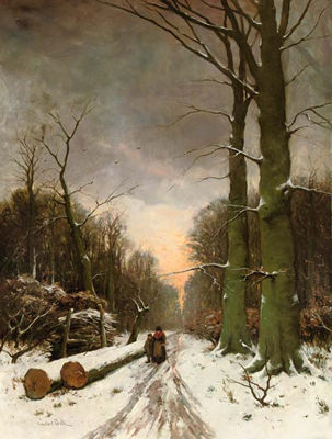 Constant David Ludovic Artz : In a snow-covered forest at sunset