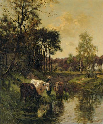 Johannes Karel Leurs : Watering cows by a forest