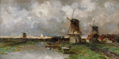 Willem Cornelis Rip : Opkomend onweder: windmills along a river