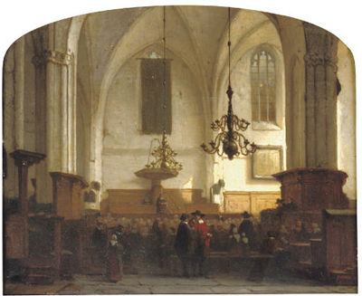 Jan Jacob Schenkel : In de Buurkerk te Utrecht: a service in a sunlit church