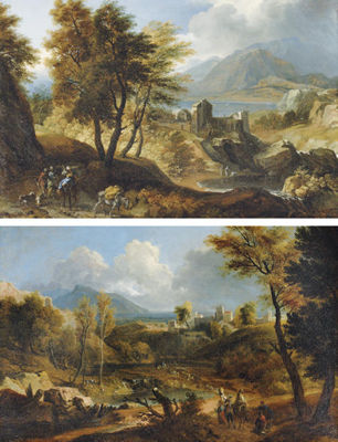 Joachim Franz Beich : A mountainous river landscape with travellers on a track, a fortified town beyond; and A mountainous wooded landscape with travellers near a lake, a town beyond