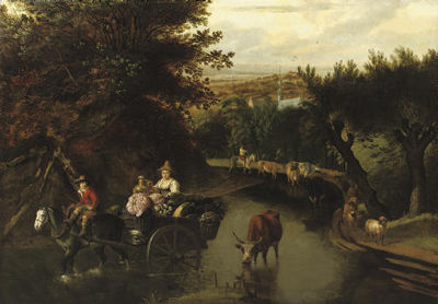 Jan Siberechts : A wooded landscape with peasants in a horse-drawn cart travelling down a flooded road