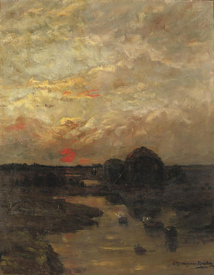 Sina Mesdag van Houten : Zonsondergang: a rural landscape at sunset