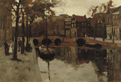 Cornelis Noltee : An Autumn day along a canal, Amsterdam