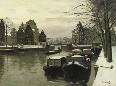 Willem Alexander Knip : Snowcovered boats on the Houtkopersburgwal, Amsterdam