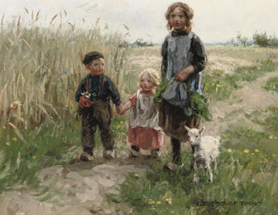 Jan Zoetelief Tromp : Children walking through a meadow