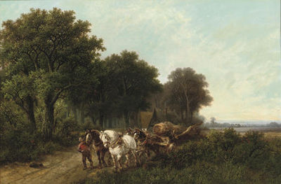 Hendrik Pieter Koekkoek : A woodgatherer with his 'Malle Jan'