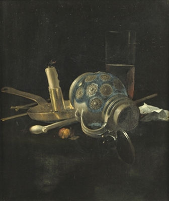 Cornelis Van Lelienbergh : A stoneware jug, a glass of beer, a candlestick and a pipe on a draped table