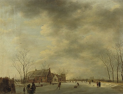 Johannes Janson : A winter landscape with figures skating and sleighing on a frozen river, a bridge and houses nearby