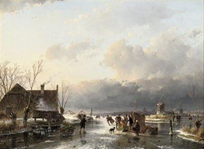 Andreas Schelfhout : Skaters near a koek-en-zopie with windmills beyond