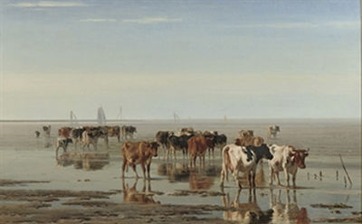 Pieter Stortenbeker : Cattle on the beach at low tide