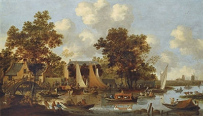 Pieter Bout : A view of the 'Zwaenhals' near Rotterdam with numerous figures in boats and on foot