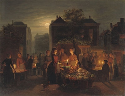 Pieter Geerard Sjamaar : A busy nightmarket with a vegetable stall and a quack