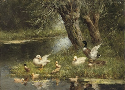 Constant David Ludovic Artz : A duck family near the pond