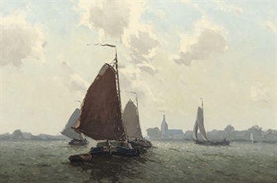 Egnatius Ydema : Sailing boats on the river the Zwarte Water, Hasselt