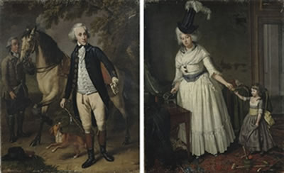 Wybrand Hendriks : Portrait of Jan van Walre, full length, in a riding costume with his dog, his horse and a servant by his side; and Portrait of Maria Kops, full length, in a white dress and elaborate hat with her daughter by her side (pair)