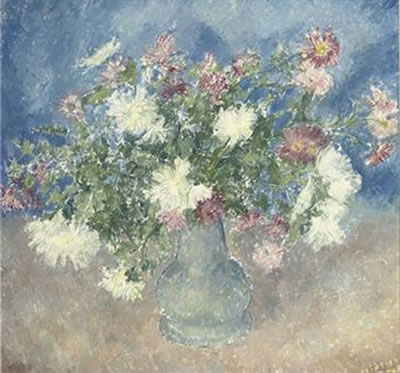 Jan Herwijnen : A still life with white and pink flowers in a blue vase