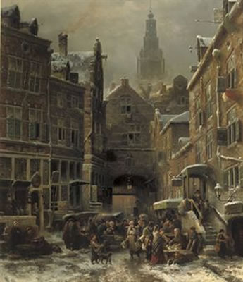 Salomon Leonardus Verveer : De winter in het Jodenkwartier te Amsterdam: the Jewish quarter in winter with the Zuiderkerk beyond, Amsterdam