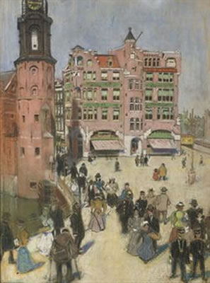 Martin Monnickendam : A sunny day with figures on the Muntplein, Amsterdam