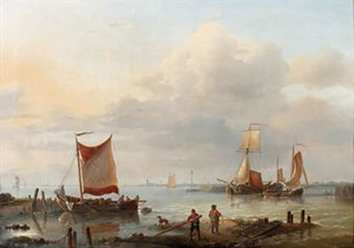 Louis Charles Verboeckhoven : Fishermen at the harbour entrance