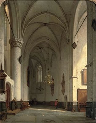 Jan Jacob Schenkel : A sunlit church interior, St. Bavo Haarlem