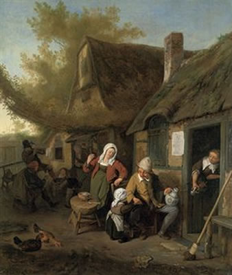 Cornelis Dusart : A peasant family outside a cottage