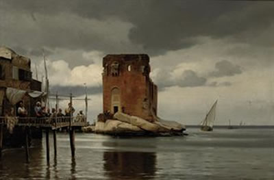 Carl Johan Neumann : Ved tolboden i Beyroeth: scene of a harbour with a toll port, Beirut