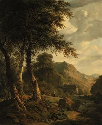 Pierre Hellemans : A wooded landscape with figures resting near a watermill