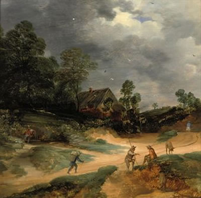 Lodewijk Vadder : A dune landscape with figures and pigs on a track near a cottage