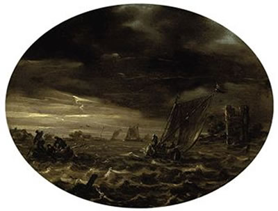 Abraham Susenier : A moonlit river landscape with fishermen in choppy waters