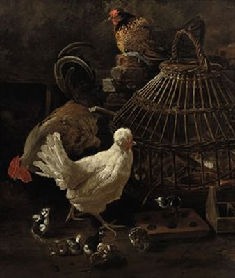 Jacobus Victors : Three hens with chicks near a reed cage