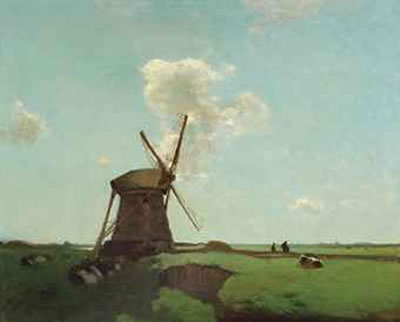 Johann Hendrik Weissenbruch : Workers near a wind mill in a Dutch polder landscape, near Noorden