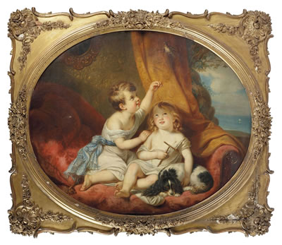 Adrien Wulffaert : Sibblings with their pets, in a painted oval