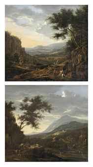 Wilhelm Van Bemmel : A mountainous landscape with horseman on a track at sunset; and A mountainous river landscape with horsemen on a rocky path at dawn (2)