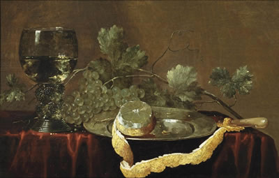 Abraham Susenier : A partially peeled lemon on a silver platter, a knife, grapes and a 'roemer' of white wine on a draped table