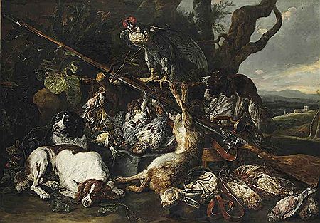 Jan Fyt : A hunting still life of a hare, partridges, snipes and other birds, together with three spaniels, a hooded falcon, a rifle and a game-bag and belt in a hilly landscape