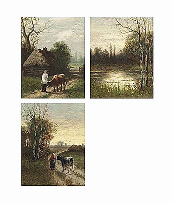 William Frederick Hulk : A peasant with a cow near a wooden shed; and A wooded landscape at sunset with a peasant woman and a cow; a wooded landscape with a pond (3)