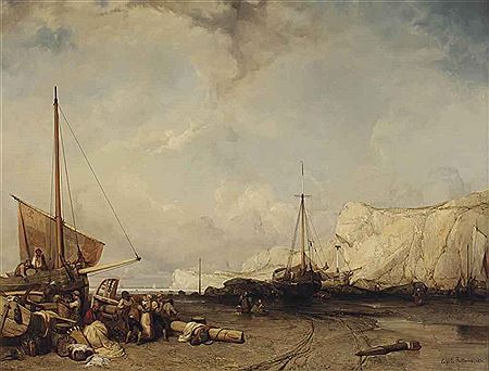 Eugene le Poittevin : Fisherfolk on the banks of Normandy