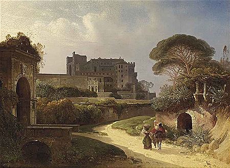 August Wilhelm Schirmer : A veduta of an Italian castello and gardens