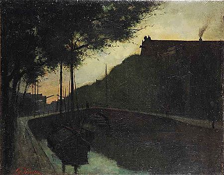 Eduard Karsen : Oude stad: A sunset view of a canal