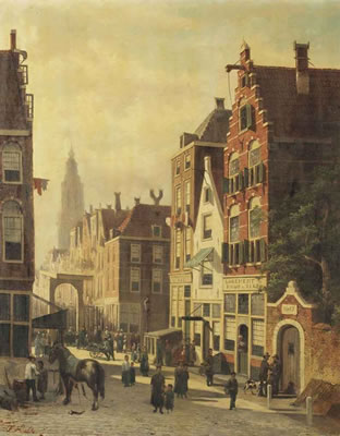 Johannes Frederick II Hulk : A busy sunlit street with a view of the Martinitoren, Groningen