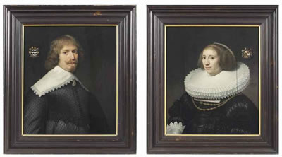 Michiel Jansz Van Miereveld : PORTRAIT OF JAN VAN DER HAER (1609-1665), HALF-LENGTH, IN A BLACK SILK DOUBLET WITH CUTWORK, EDGED WITH BLACK LACE; AND PORTRAIT OF LEVINA OCKERS (1607-1678), HALF-LENGTH, IN A BLACK DRESS WITH A DOUBLE LAYERED LACE-TRIMMED RUFF AND JEWELLED COLLAR