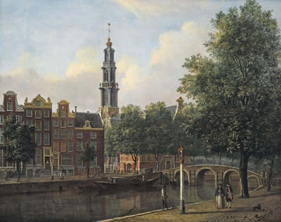 Johannes Huibert Prins : A view of the Keizersgracht with the Westerkerk, Amsterdam