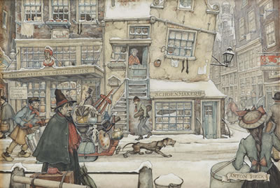 Anton Pieck : A bustling street in winter