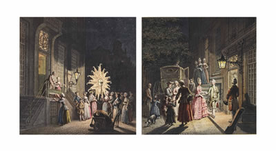 Hermanus Petrus Schouten : Revellers visiting a house with a Twelfth Night lantern; and Elegant figures arriving at a ball