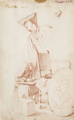 Jan Josef Horemans I : A young boy drawing in a studio, with subsidiary studies of a man leaning towards the left (recto); A costume study of a standing man, with a subsidiary study of a hand (verso) (pl. 3)