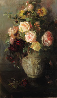 Louise Ellen (Torrance) Perman : Still life with pink, yellow and red roses in a vase