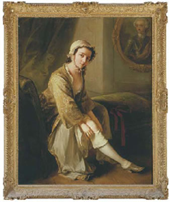 Philip Mercier : A young woman, in a fawn dress, seated on a chaise longue in an interior, removing her right stocking, an oval portrait of a gentleman, traditionally identified as the 'Young Pretender', on the wall beyond