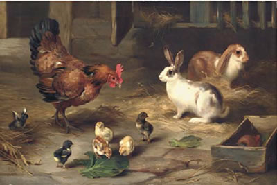 Edgar Hunt : A hen with her chicks, and two rabbits in a stable