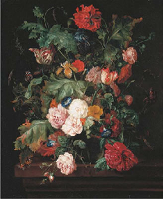 Ernst Stuven : Roses, a lily and convulvulus in a glass vase, with two red admiral butterflies and a caterpillar, on a wooden ledge